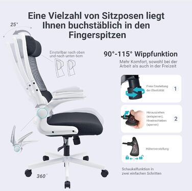 Ергономічне крісло для офісу з регульованою підголівником, крісло для робочого столу з сітки, відкидні підлокітники, широке сидіння, функція гойдання, комп'ютерне крісло EN 1335, офісне крісло 200 кг (чорно-біле)