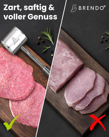 Преміум Fleischklopfer від Brendo: м'ясорубка з масивного нержавіючої сталі, двостороння, з плоскою та зубчастою поверхнею для будь-якого м'яса, + E-Book рецептів, придатна для миття в посудомийній машині, шніцельниця