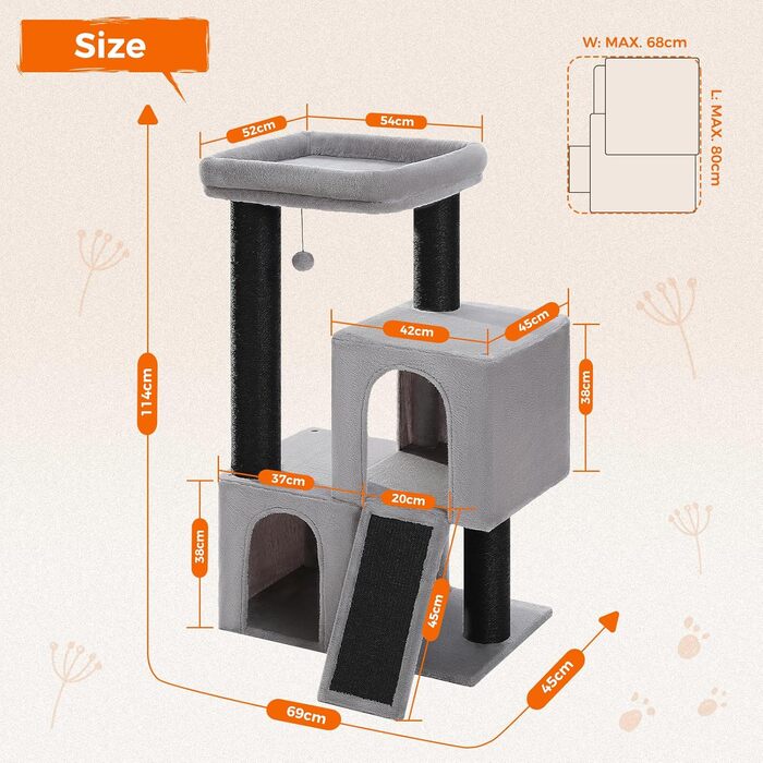 PETEPELA Scratch Tree with Dual Condos for Apartment Cats, All-in-One Cat House with Padded Perch, Scratch Ramp and Posts, and Replaceable Balls (Gray, L 113cm)