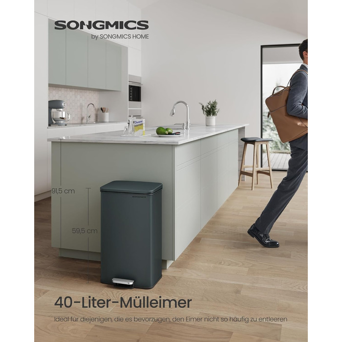 Відро для сміття SONGMICS 40 л з педаллю, сталеве, Softclose, сірий антрацит, з мішками (LTB540A02)