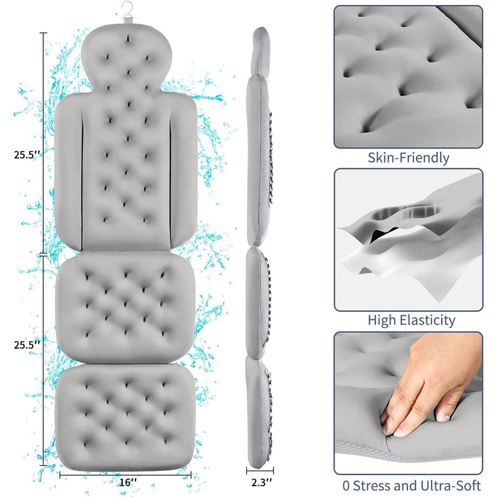 Full Body Bathtub Pillow with 160 Suction Cups - Head & Neck Support Bath Mat with Laundry Bag (Dark Gray, 130 x 41 cm)