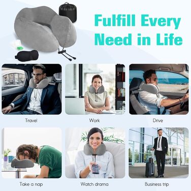 Подушка для шиї у вигляді звірка, Memory Foam, для дорослих, з маскою для сну та берушами, для подорожей, літака, офісу, авто, поїзда (Сіра)