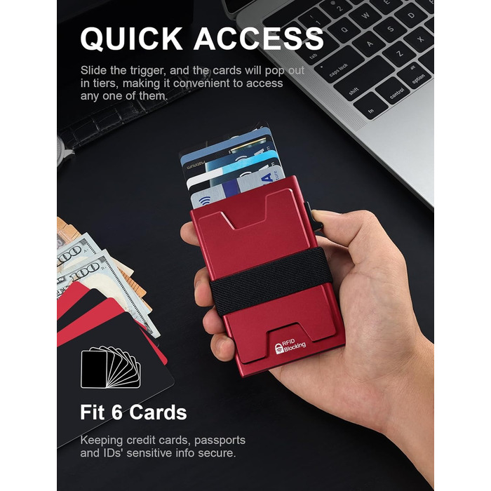 Кредитне картхолдер для чоловіків LXMY з RFID захистом, алюмінієвий, Slim, вміщує 12 карт та гроші, червоний
