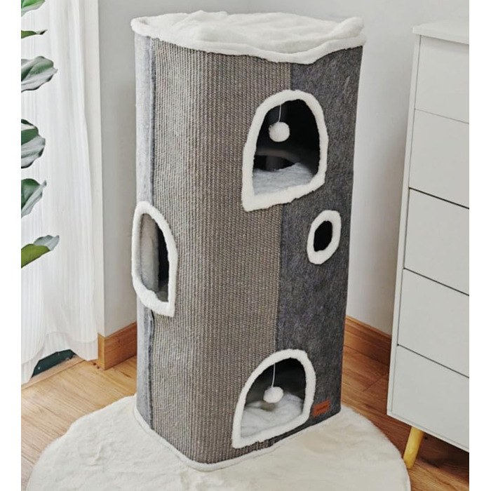 Spindro Cat Cave Cat Bed Large, Cat House Indoor Cat Sleeping Place with Removable Sherpa Cat Cushion and Hanging Toy, Cat Bed, Light Grey 42x42x33cm (4 level (42cmx32cmx84cm), Grey)