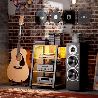 Lifewit Полиця HiFi для вінілу з колесами, регульованими полицями, розетками та LED-підсвіткою, чорно-коричнева, 60x55x90 см