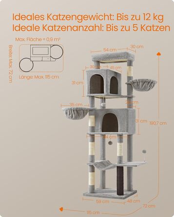 Дім для кота Feandrea, 175 см, XL, багатоярусний з 2 печерами, 2 лежаками, 5 стовпчиками для дряпання, щіткою для котів, великою платформою, PCT182G01 (XXL, таунграу)