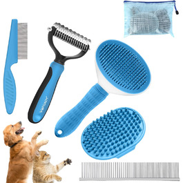 Набір щіток для собак, 5 шт. для грумінгу, самоочищувані, для великих та середніх собак, котів та дрібних тварин, для довгої та короткої шерсті, зменшує випадання шерсті, блакитний