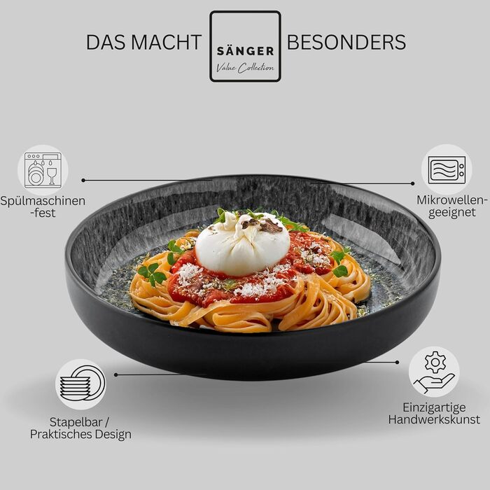 Набір посуду SÄNGER Sydney 30 предметів: тарілки, чашки, миски, тарілки для пасти. Набір посуду з кераміки, темно-сірий, для 6 осіб. Стійкий до подряпин, можна мити в посудомийній машині та використовувати в мікрохвильовій печі.