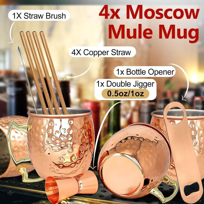 LINALL Moscow Mule Mug - 4-Piece Set, copper-plated stainless steel mugs, 550ml for chilled drinks - Copper