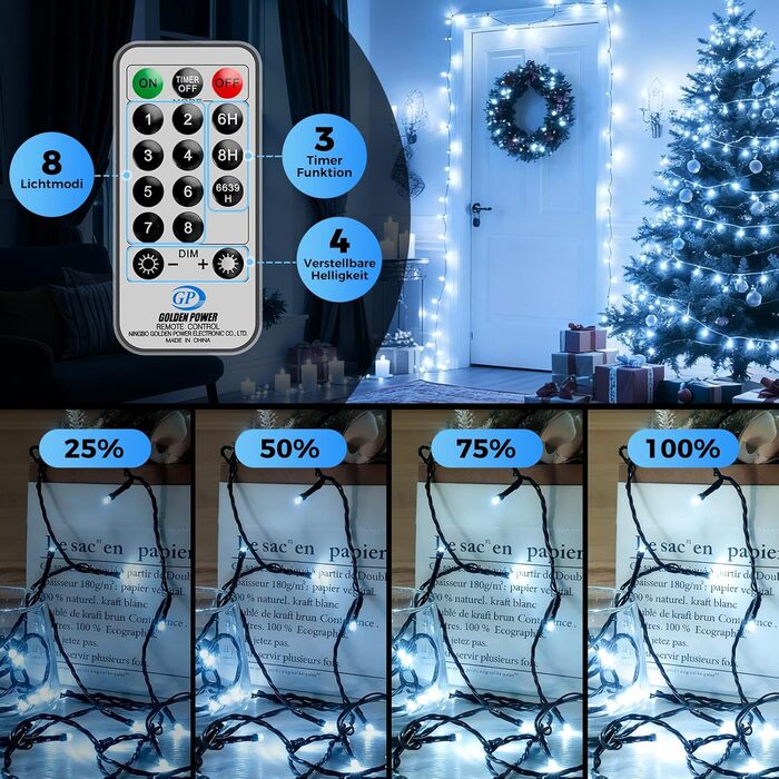 LED гірлянда на ялинку: 250 LED, тепле біле світло, 50 метрів. Водостійка гірлянда для дому та саду з 8 режимами та таймером. IP44, для прикраси на Різдво