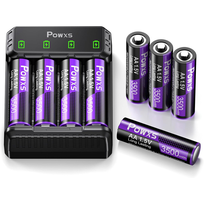 Акумулятори POWXS 8x 3500mAh AA Lithium з 8-порідним швидким зарядним пристроєм з LCD-дисплеєм | Швидка зарядка та стабільна напруга 1.5V | Для геймпадів, LED-ліхтарів, пультів дистанційного керування