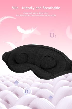 Маска для сну Aosun для тих, хто спить на боці, 3D маска для сну з блокуванням світла, регульована еластична стрічка, для чоловіків та жінок, чорний+рожевий