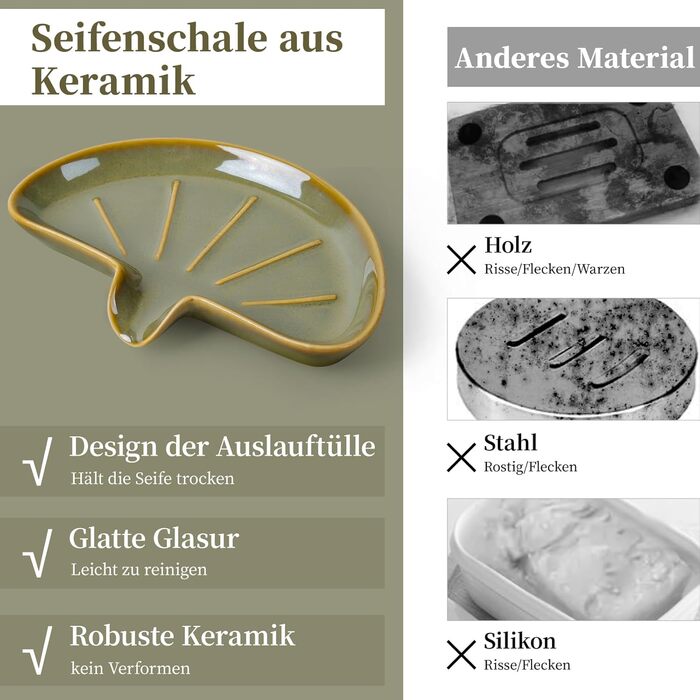 Керамічна мильниця з піддоном ANTIS'S HOME, Зелений милотримач на магнітній основі для ванної, душу та умивальника, Сучасний декор для ванної кімнати