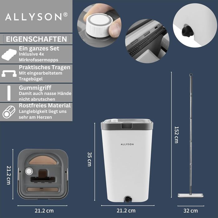 Набір для миття підлоги Allyson® Wischmopp Set: відро, 5 мопів, видалення волосся, віджим, для квартири, плитки та дерева