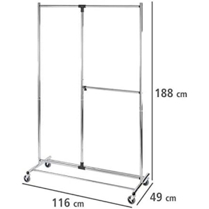 WENKO Clothes Rack, Folding, Clothes Storage with Adjustable Clothes Rail and Wheels, Plastic/Metal, 88 x 100-168 x 11-49 cm, Chrome/Grey (188 x 49 x 116 cm)