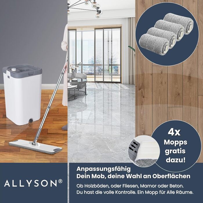 Набір для миття підлоги Allyson® Wischmopp Set: відро, 5 мопів, видалення волосся, віджим, для квартири, плитки та дерева
