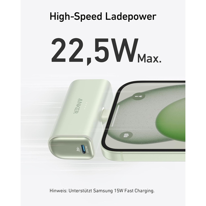 Powerbank Anker Nano 5000mAh 22.5W з USB-C, сумісний з iPhone, Galaxy, Huawei, iPad, AirPods (Білий/Зелений)