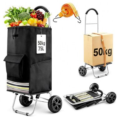 Складаний візок для покупок 75 л з нержавіючою рамою та водонепроникною сумкою (чорний)