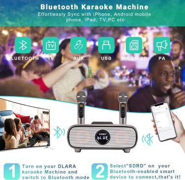 Караоке машина DLARA з Bluetooth, USB, TF-карта, мікрофон та динамік для дорослих та дітей, портативна, з підставкою, AUX-in, для дому та вулиці (блакитний/сірий)