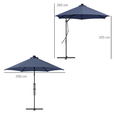 Outsunny Solar Patio Umbrella with LED, Ø290x260 cm, including cross base 55-60kg, UV protection, hand crank & protective cover, polyester, dark blue