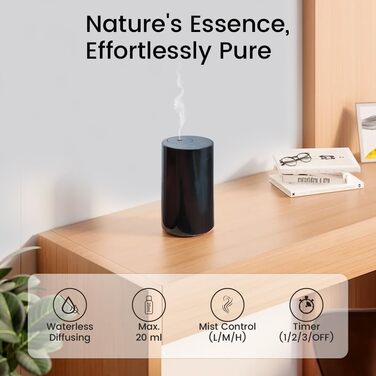 Дифузор для ефірних олій Cavir без води, портативний міні-ароматизатор повітря, USB-зарядка, 1/2/3 години таймер, 3 рівні туману, для дому, офісу, автомобіля, чорний
