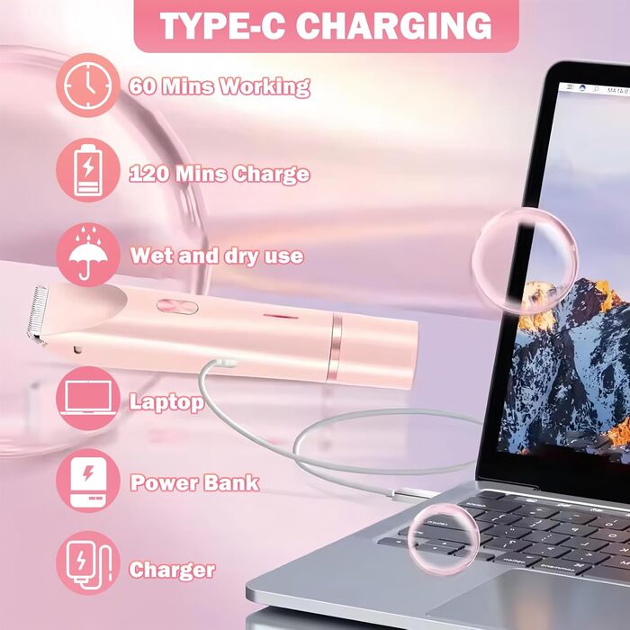 Електричний жіночий бритва 2-в-1 для тіла та зони бікіні, IPX7, USB-зарядка (Рожевий)