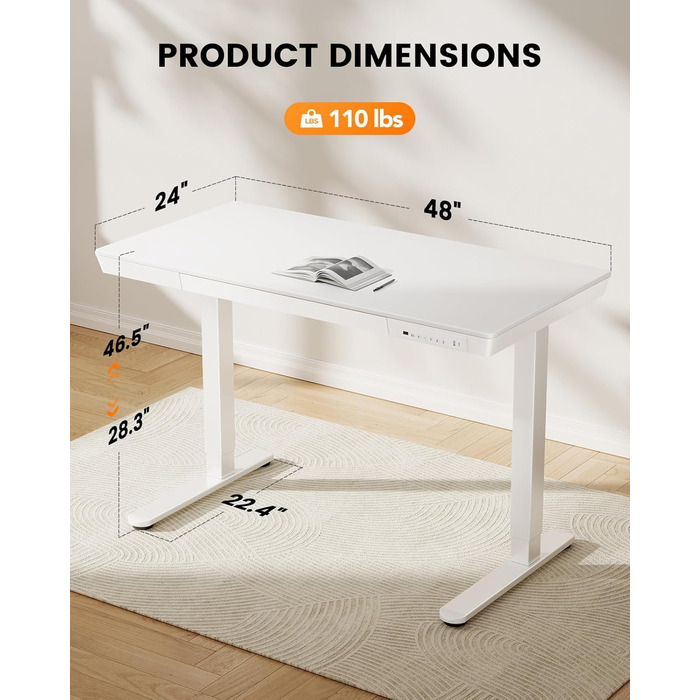 Електричний стіл ErGear 120x60 см з регулюванням висоти, шухлядою і цільною білою дерев'яною стільницею для дому та офісу