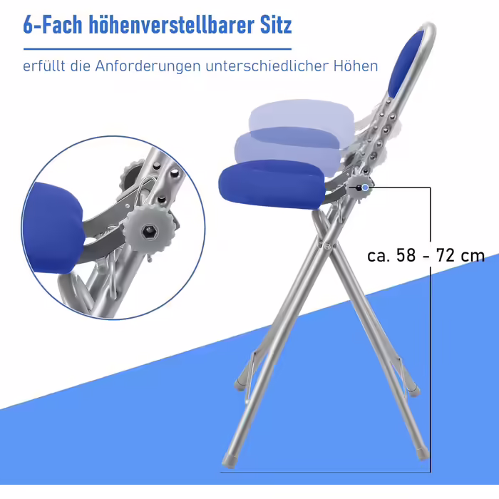 Rebell Ironing Aid Standing Aid Standing Chair 6-Way Height Adjustable Folding Ironing Chair Standing Seat Ergonomic Sitting - Standing seat for ironing with backrest (Blue)