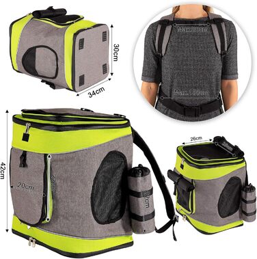 Сумка-рюкзак для транспортування котів Lionto, 34x30x42 см, сіра/зелена