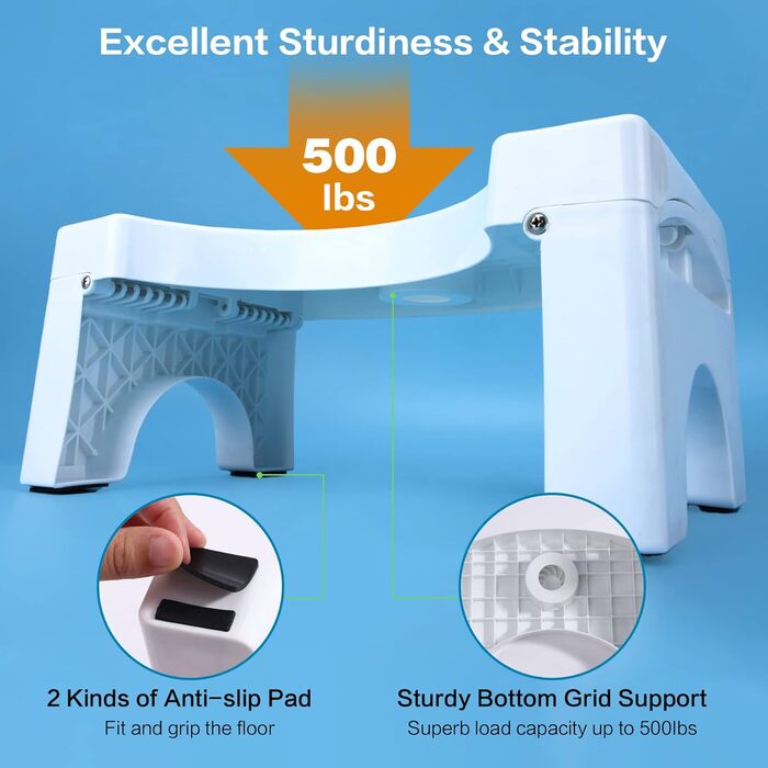 Squat Toilet Stool for Adults, 7 inches Potty Stool, Non-Slip Bathroom Stool, Foldable Potty Stool Stable Potty Stool with Air Freshener Holder for Elderly, Washable and Portable, White