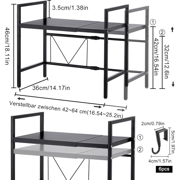 Розширювана полка для мікрохвильової печі, 2 яруси з 6 гачками, телескопічна полка для кухні 42-64 см, органайзер для спецій та кухонного приладдя (Чорний)