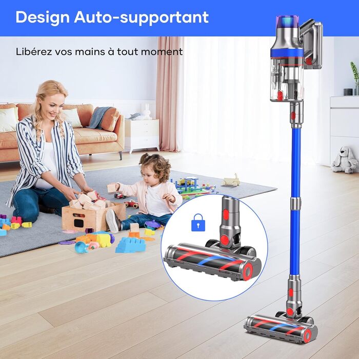 Бездротовий пилосос REBANIC S18 Max з дисплеєм, 600 Вт, 75 хвилин роботи, 58000 Па, об'єм контейнера 2 л, для твердих підлог, килимів, шерсті тварин, блакитний