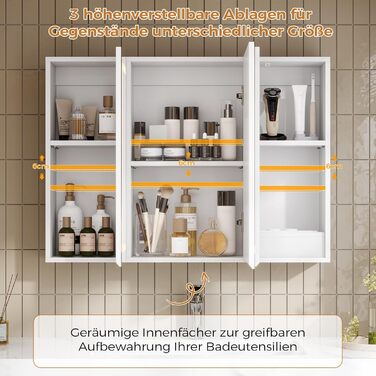 Дзеркало шафа для ванної кімнати з LED-підсвіткою, розеткою та 3 колірними температурами, 60x90x16 см, диммер, сенсорне управління, 3 регульовані полиці, білий колір