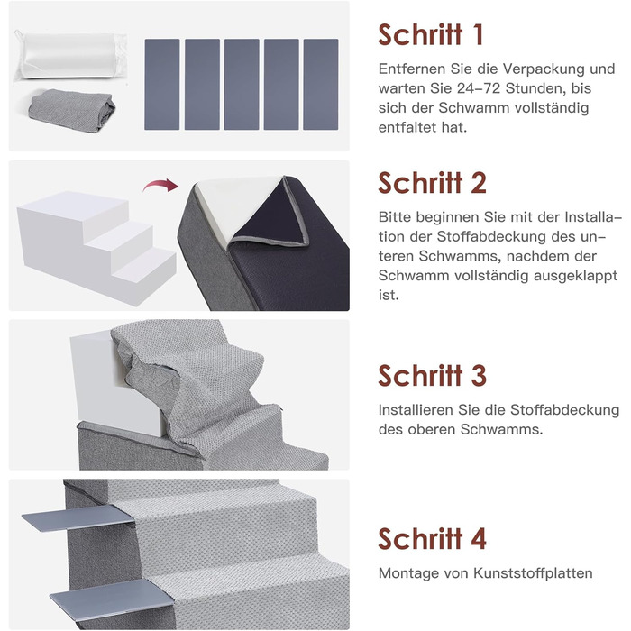 Dog stairs for small dogs, dog stairs, non-slip dog stairs with 5 steps, dog ramp bed washable, pet stairs made of high-density sponge, for injured & older dogs, cats