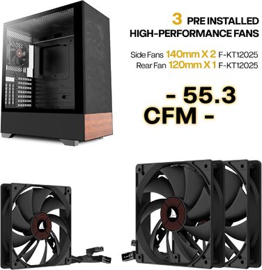 Корпус ПК KEDIERS ATX Tower для ігрового комп'ютера з загартованим склом (чорний, 3 вентилятори без LED)