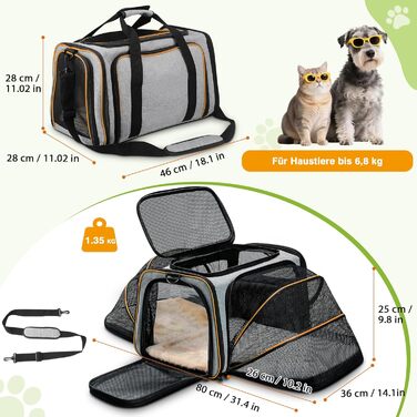 Розширювана переноска для котів та маленьких собак ALLSOPETS, м'яка переноска з 2 розширеннями, знімний флісовий килимок та кишені (сірий & зелений, сірий & помаранчевий)