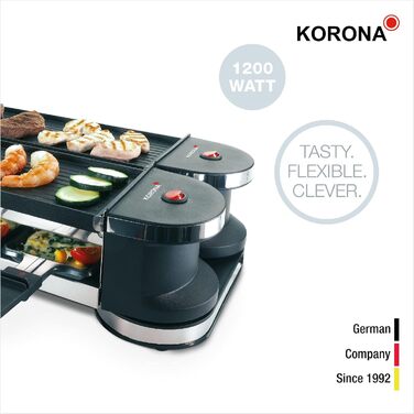 Електричний раклета-гриль Korona 45072 для 8 осіб, 2-в-1, 8 сковорідок і лопаток, антипригарні алюмінієві пластини, складаний корпус 90°/180°, довжина кабелю 2 м, чорний