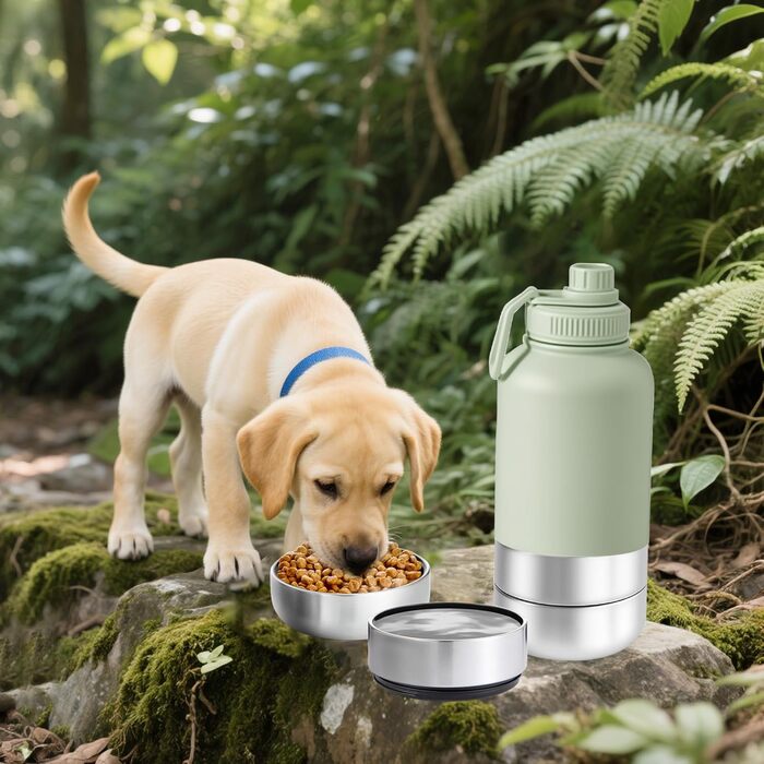 Миска для собак 3-в-1 з термоізоляцією, зелена, L | Миска, пляшка для води, годівниця для собак на винос