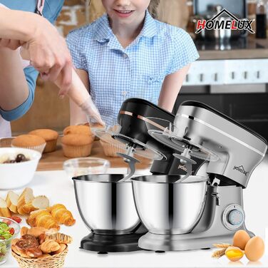 Кухонна машина HOMELUX 1800W з чашею 8 л з нержавіючої сталі, 6 швидкостей, LED-дисплей, насадки для замішування, збивання та взбивання, захист від бризок (чорний)