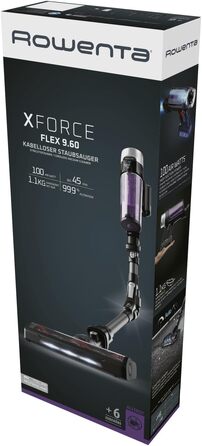 Акумуляторний вертикальний пилосос Rowenta X-Force Flex 9.60 Complete RH2099WO (фіолетовий) з LED-підсвіткою та повним набором насадок, 100 AW