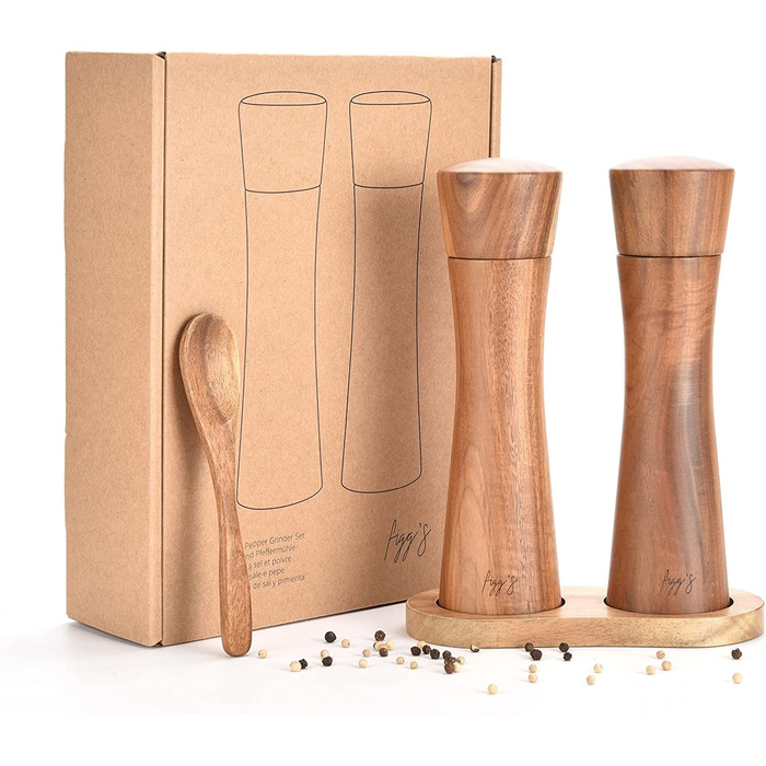 figg Salt and Pepper Grinder Wood Large (20 cm) - Set - Spice Grinder with Ceramic Grinder including Wooden Spoon and Wooden Coaster - Suitable as Pepper and Salt Grinder