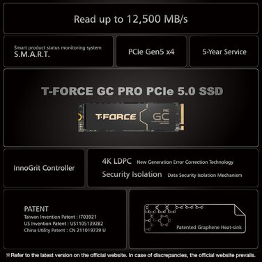 TEAMGROUP T-Force GC Pro 2TB NVMe SSD PCIe Gen4x4 M.2 2280 з графітовим кулером для геймінгу (5000/4500 MB/s)
