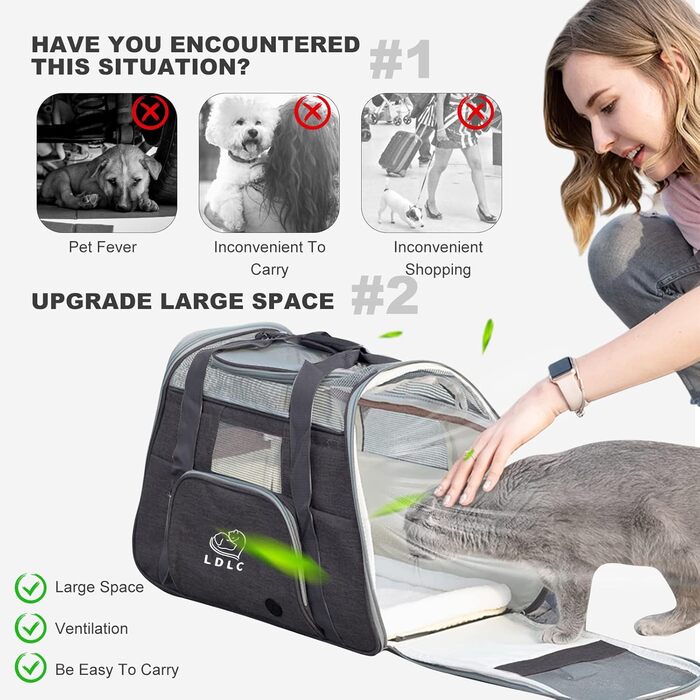 Транспортна переноска для собак та котів PETCUTE, чорна, 51 x 23 x 35 см, з м'яким матрацом, для подорожей, дозволена авіакомпаніями