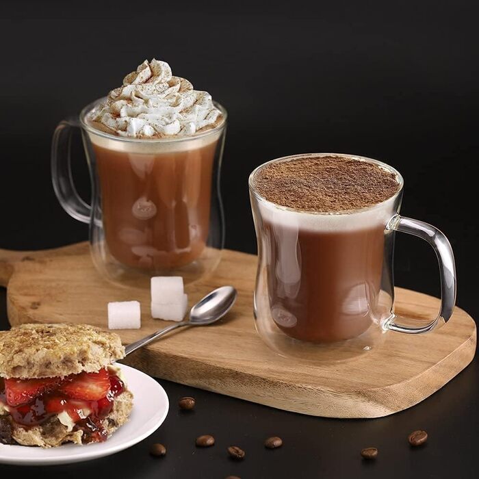 Набір склянок для лате макіато Ecooe 2 шт. з подвійними стінками, 350 мл, з ручкою, з боросилікатного скла