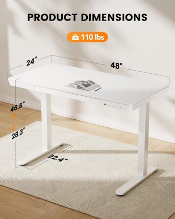 Електричний стіл ErGear 120x60 см з регулюванням висоти, шухлядою і цільною білою дерев'яною стільницею для дому та офісу