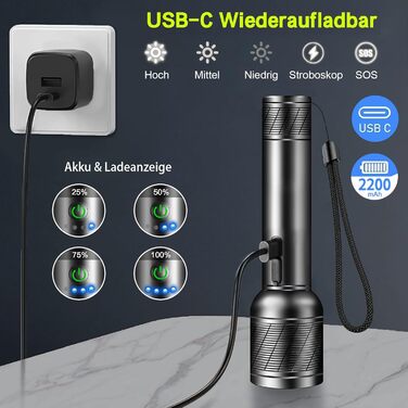 LED ліхтарик надпотужний 2200 люмен, перезаряджається (вбудований акумулятор великої ємності), міні ліхтарик з індикатором заряду, довгий час роботи, алюмінієвий корпус, 5 режимів освітлення, регульований фокус (2 шт.)