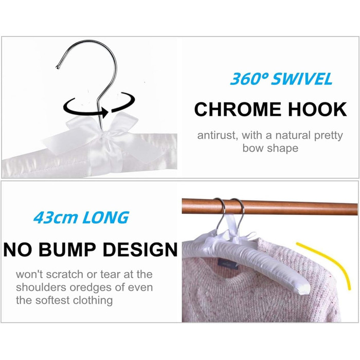 Amber Home 10-Piece 43cm White Satin Clothes Hangers, Soft Silk Hangers for T-Shirt, Shirt, Coat, Dress, Tank Top, Wedding Dress, Sweater with Swivel Hook