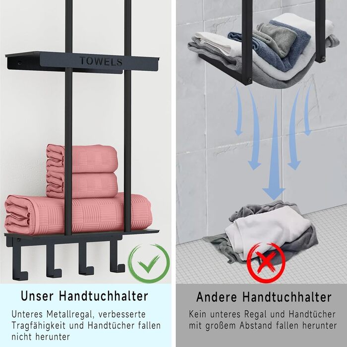Чорний триярусний тримач для рушників з металевою полицею та 4 гачками, 86 см