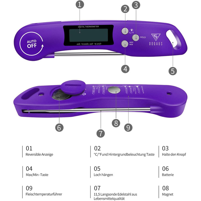 Цифровий термометр для м'яса DOQAUS: приготування на грилі, BBQ, варіння. Швидке зчитування, довга сонда, LCD екран, автовимкнення
