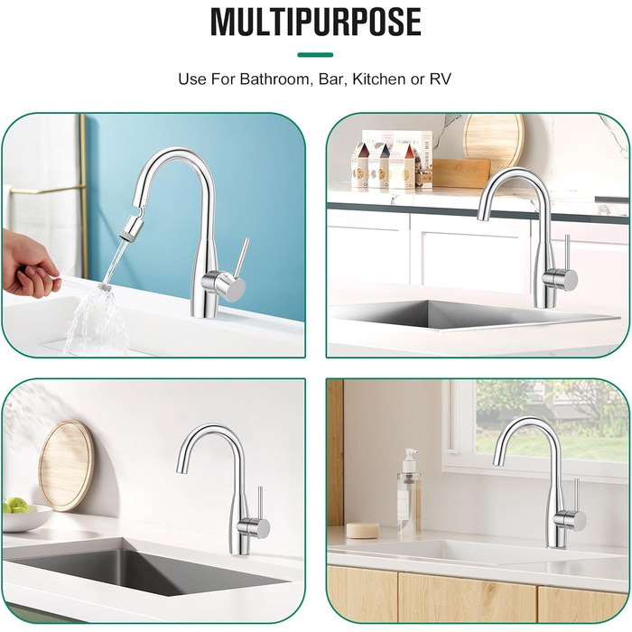 Кран кухонний CREA, 360° поворотний, для малої кухні, змішувач з високим виливом, нержавіюча сталь хром